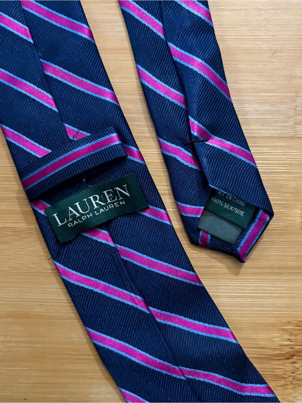 Lauren Ralph Lauren Men’s 100% Silk Tie Navy Pink Blue Striped Necktie